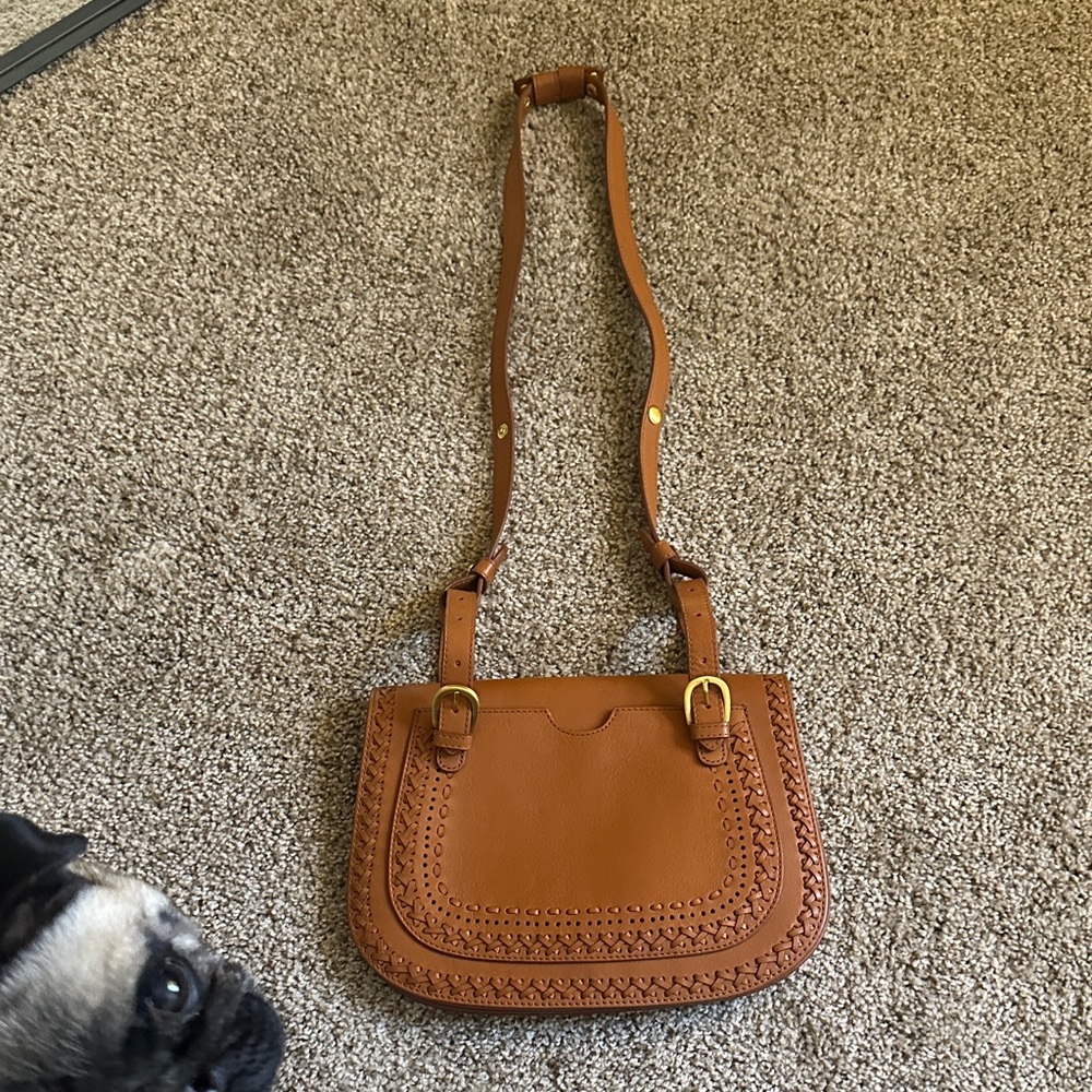 Women’s Cognac Braided Trim Crossbody Saddle Bag